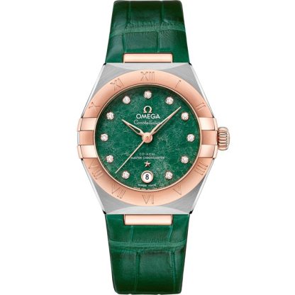Omega Constellation 29 mm, aço - ouro Sedna™ em bracelete de pele 131.23.29.20.99.001