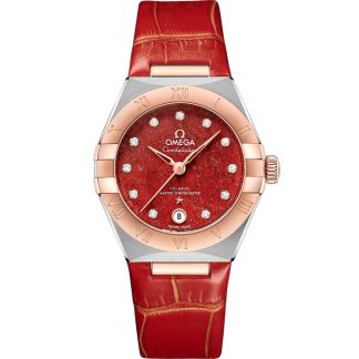 Omega Constellation 29 mm, aço - ouro Sedna™ em bracelete de pele 131.23.29.20.99.002