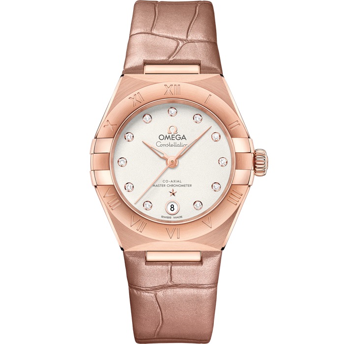 Omega Constellation 29 mm, ouro Sedna™ em bracelete de pele 131.53.29.20.52.002