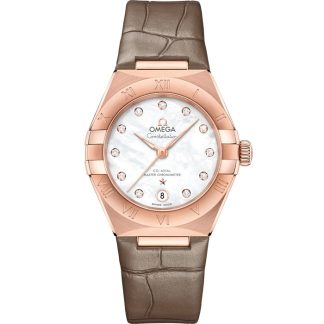 Omega Constellation 29 mm, ouro Sedna™ em bracelete de pele 131.53.29.20.55.002