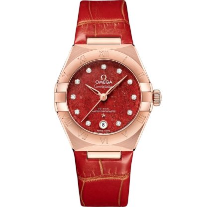 Omega Constellation 29 mm, ouro Sedna™ em bracelete de pele 131.53.29.20.99.003