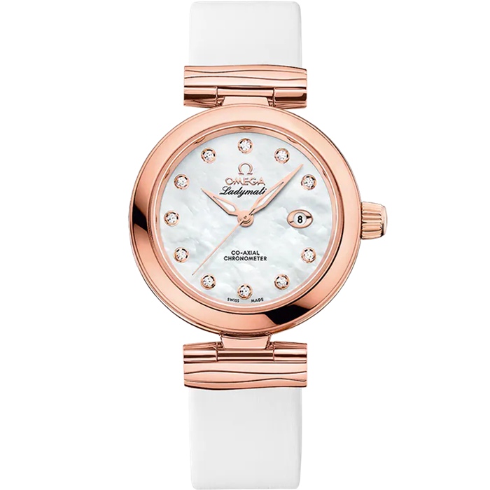 Omega De Ville Ladymatic 34 mm, ouro Sedna™ em bracelete de pele 425.62.34.20.55.004