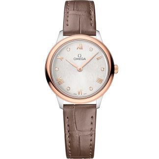 Omega De Ville Prestige 27,5 mm, aço - ouro Sedna™ em bracelete de pele 434.23.28.60.52.001