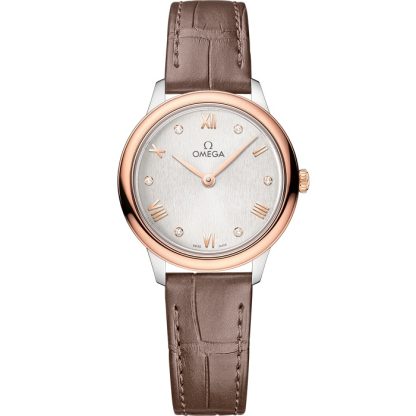 Omega De Ville Prestige 27,5 mm, aço - ouro Sedna™ em bracelete de pele 434.23.28.60.52.001
