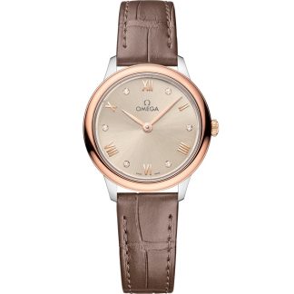 Omega De Ville Prestige 27,5 mm, aço - ouro Sedna™ em bracelete de pele 434.23.28.60.59.001
