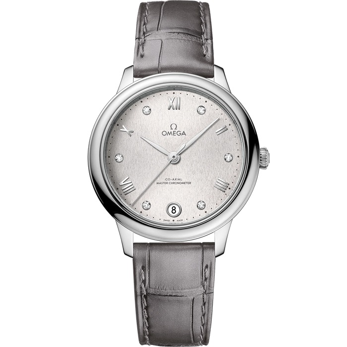 Omega De Ville Prestige 34 mm, aço em bracelete de pele 434.13.34.20.52.001
