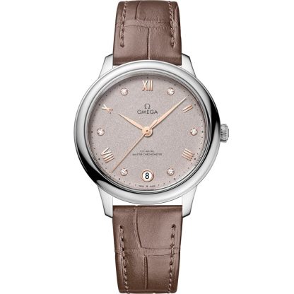 Omega De Ville Prestige 34 mm, aço em bracelete de pele 434.13.34.20.52.002