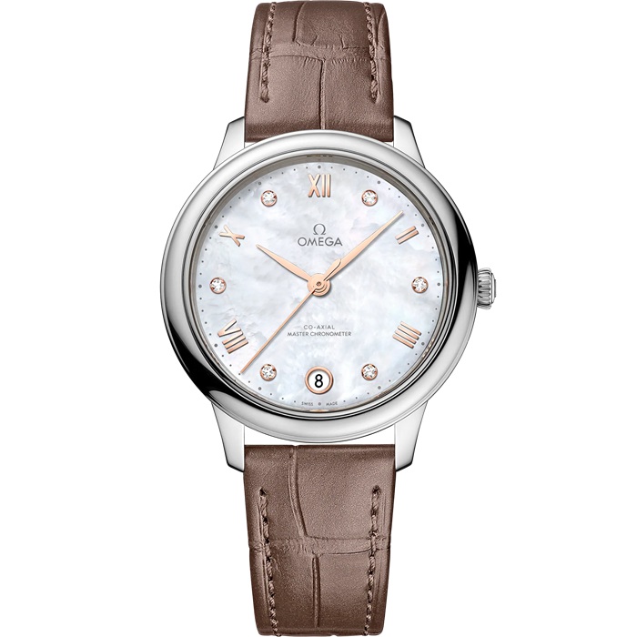 Omega De Ville Prestige 34 mm, aço em bracelete de pele 434.13.34.20.55.001