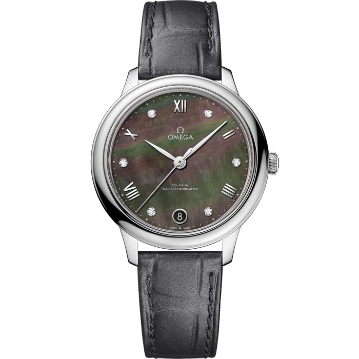 Omega De Ville Prestige 34 mm, aço em bracelete de pele 434.13.34.20.57.001