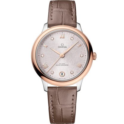 Omega De Ville Prestige 34 mm, aço - ouro Sedna™ em bracelete de pele 434.23.34.20.52.003