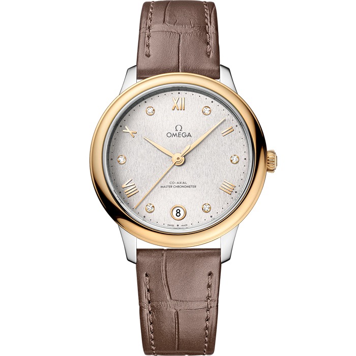 Omega De Ville Prestige 34 mm, aço - ouro amarelo em bracelete de pele 434.23.34.20.52.002