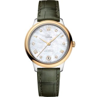 Omega De Ville Prestige 34 mm, aço - ouro amarelo em bracelete de pele 434.23.34.20.55.002