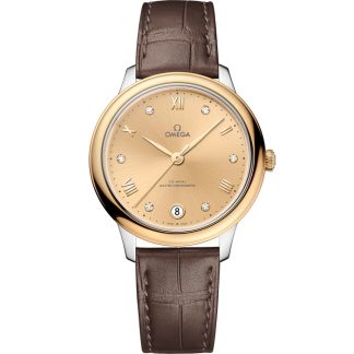 Omega De Ville Prestige 34 mm, aço - ouro amarelo em bracelete de pele 434.23.34.20.58.001