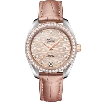 Omega Seamaster Aqua Terra 150M 34 mm, aço - ouro Sedna™ em bracelete de pele 220.28.34.20.59.001