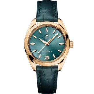 Omega Seamaster Aqua Terra Shades 34 mm, ouro Moonshine™ em bracelete de pele 220.53.34.20.10.001