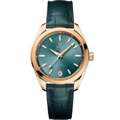 Omega Seamaster Aqua Terra Shades 34 mm, ouro Moonshine™ em bracelete de pele 220.53.34.20.10.001