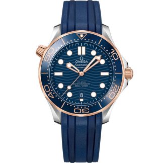 Omega Seamaster Diver 300M 42 mm, aço - ouro Sedna™ em bracelete de borracha 210.22.42.20.03.002
