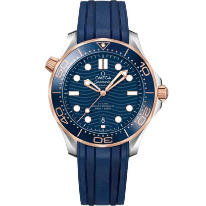 Omega Seamaster Diver 300M 42 mm, aço - ouro Sedna™ em bracelete de borracha 210.22.42.20.03.002