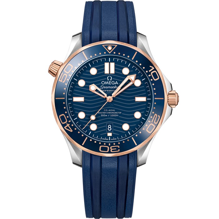 Omega Seamaster Diver 300M 42 mm, aço - ouro Sedna™ em bracelete de borracha 210.22.42.20.03.002