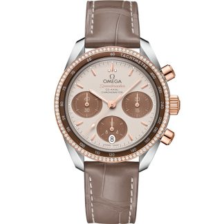 Omega Speedmaster 38 38 mm, aço - ouro Sedna™ em bracelete de pele 324.28.38.50.02.002