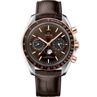 Omega Speedmaster Moonphase 44,25 mm, aço - ouro Sedna™ em bracelete de pele 304.23.44.52.13.001